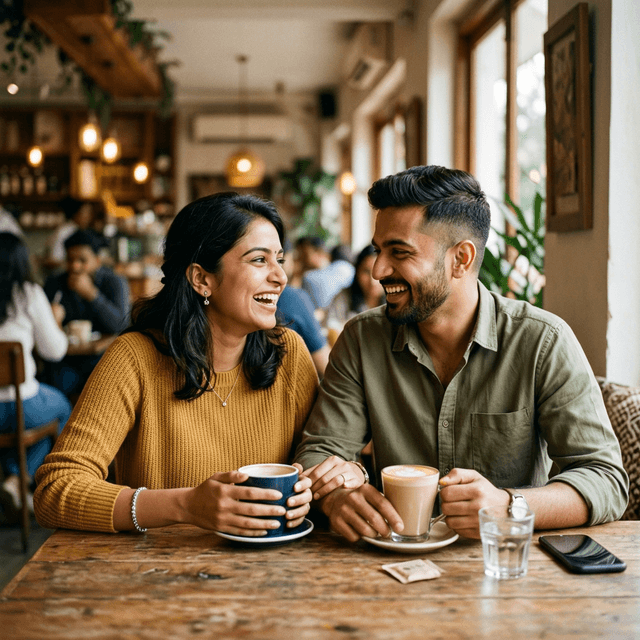 Indian couple connecting and laughing on a date in Bangalore